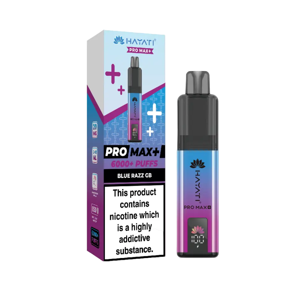 Hayati Pro Max+ vape device and packaging on a white background