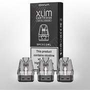 OXVA XLim cartridge packaging with three cartridges on a gray background