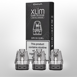 OXVA XLim cartridge packaging with three cartridges on a gray background