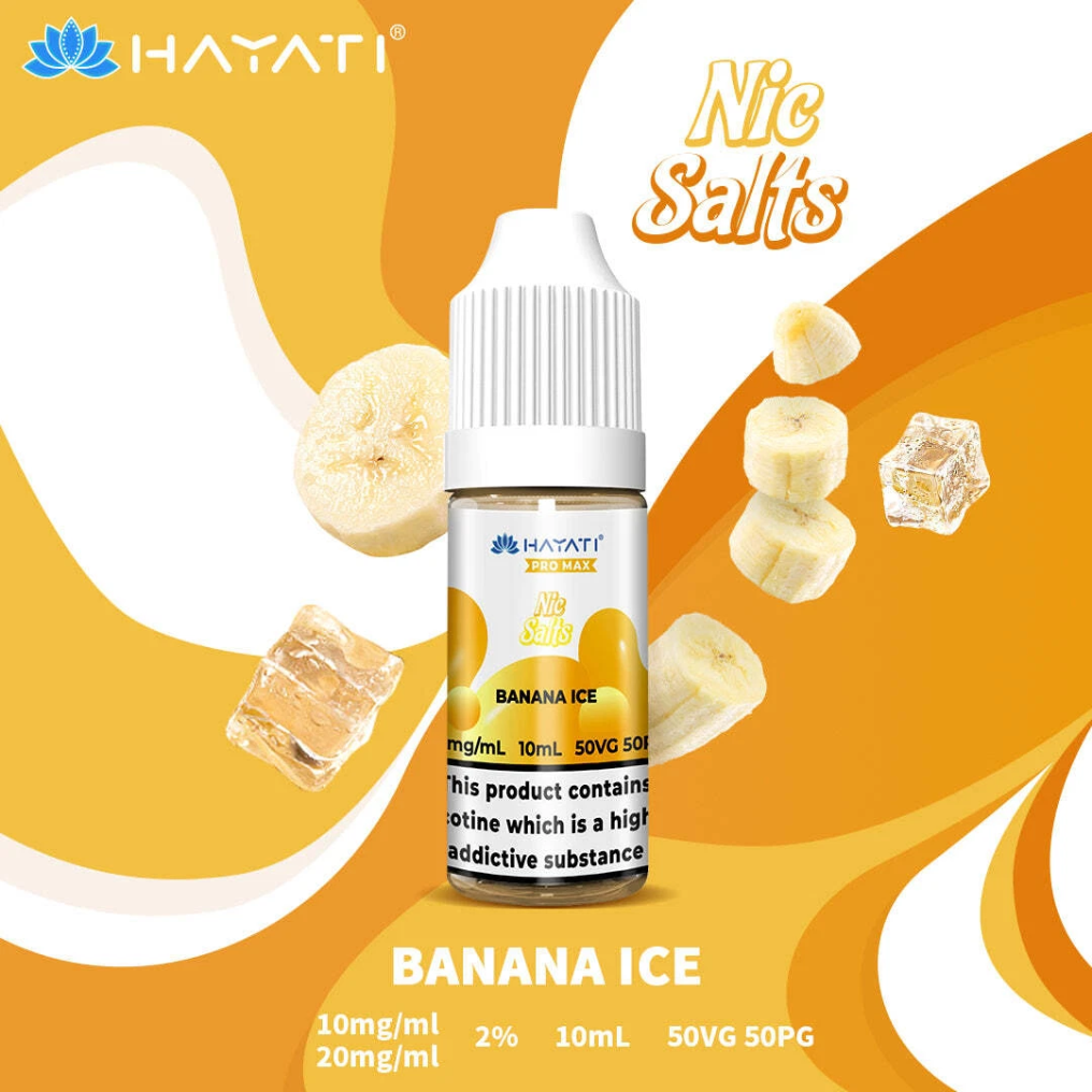 Hayati Nic Salts Banana Ice e-liquid bottle with banana slices and ice cubes on an orange background