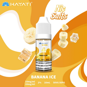 Hayati Nic Salts Banana Ice e-liquid bottle with banana slices and ice cubes on an orange background