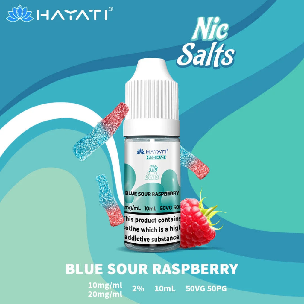 Hayati Nic Salts Blue Sour Raspberry e-liquid bottle on a colorful background