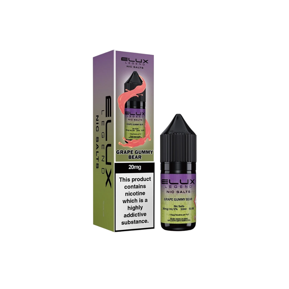 Flux Grape Gummy Legend vape juice bottle and packaging on a white background