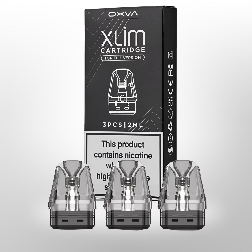 OXVA XLim cartridge packaging with three cartridges on a gray background