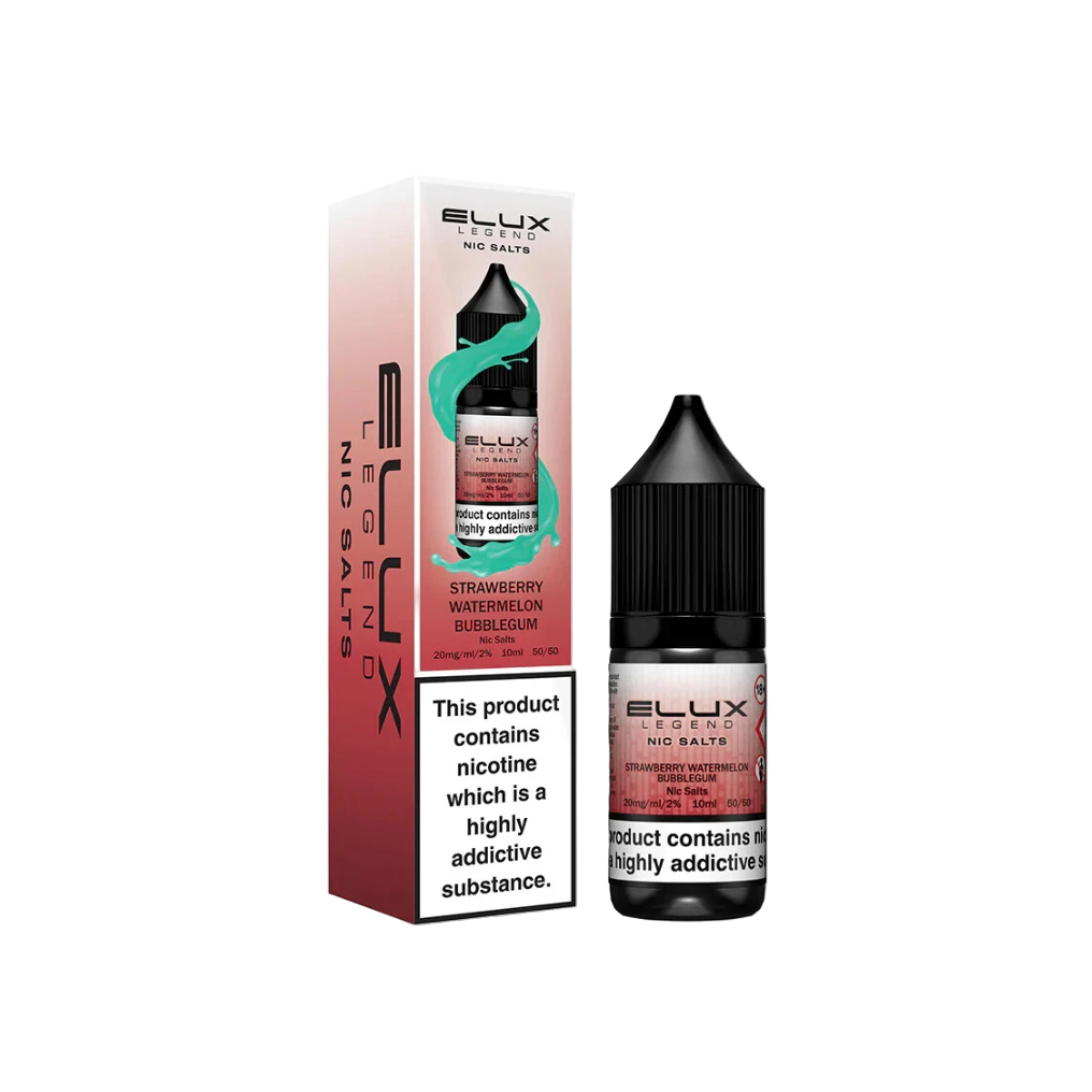 Elux Strawberry Watermelon Bubblegum nicotine salt packaging and bottle on a white background