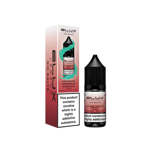 Elux Strawberry Watermelon Bubblegum nicotine salt packaging and bottle on a white background