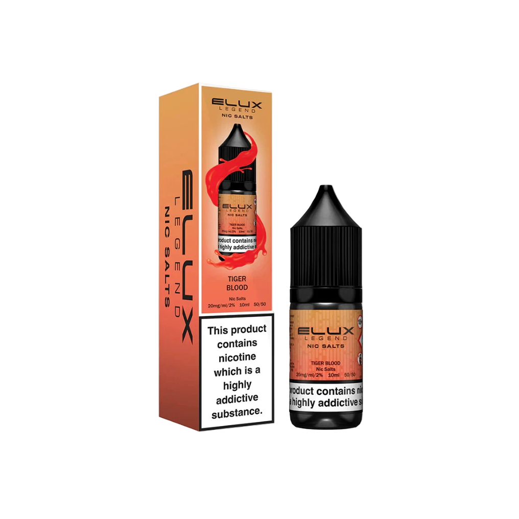 Elux Tigor Blood vape juice bottle and packaging on a white background