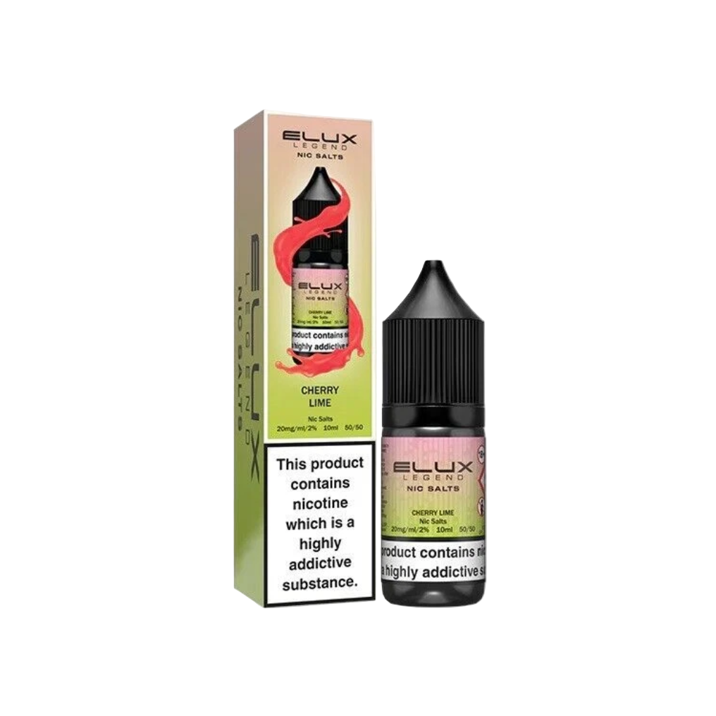 Elux cherry lime nicotine salt bottle and packaging on a white background