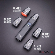 OXVA vaping device with interchangeable pods on a dark background